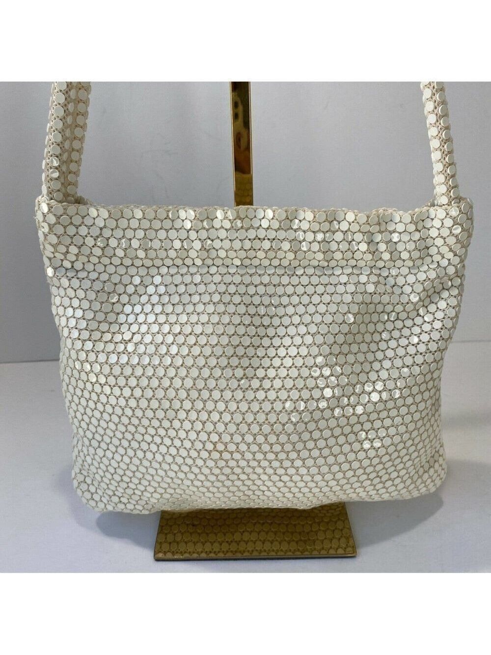 Vintage Handmade White Sequin Mesh Shoulder Bag Purse Hinged Opening